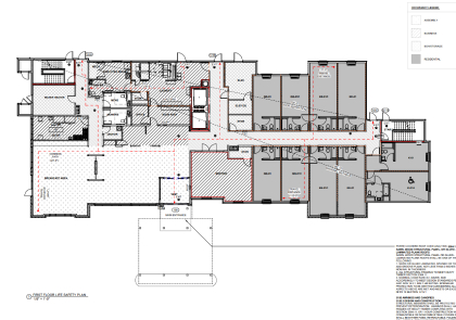 Pre-construction estimating takeoff from commercial hotel floor plan showing layout, room dimensions, and code compliance areas
